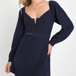 Lulus Ideal Impression Navy Blue Balloon Sleeve Belted Mini Dress - Size S
